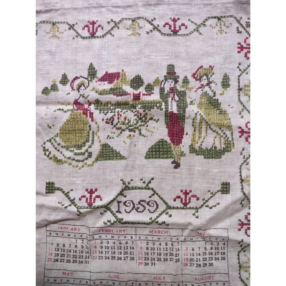 Vintage 1959 Stevens Linen Calendar Tea Towel Colonial Mid Century Americana